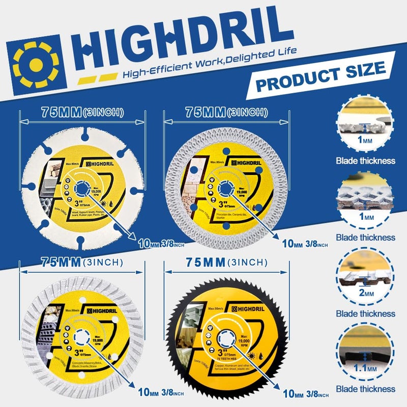 HIGHDRIL 3" 75mm Circular Saw Blade Set 4pcs - Diamond/HSS/Carbide Cutting Disc for Angle Grinder Cutting Metal Tile Marble Granite Plastic Concrete Wood - Image 2